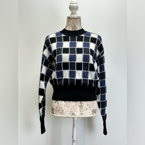 BOSS Blue and black check crew neck crop sweater size L - Picture 5 of 16